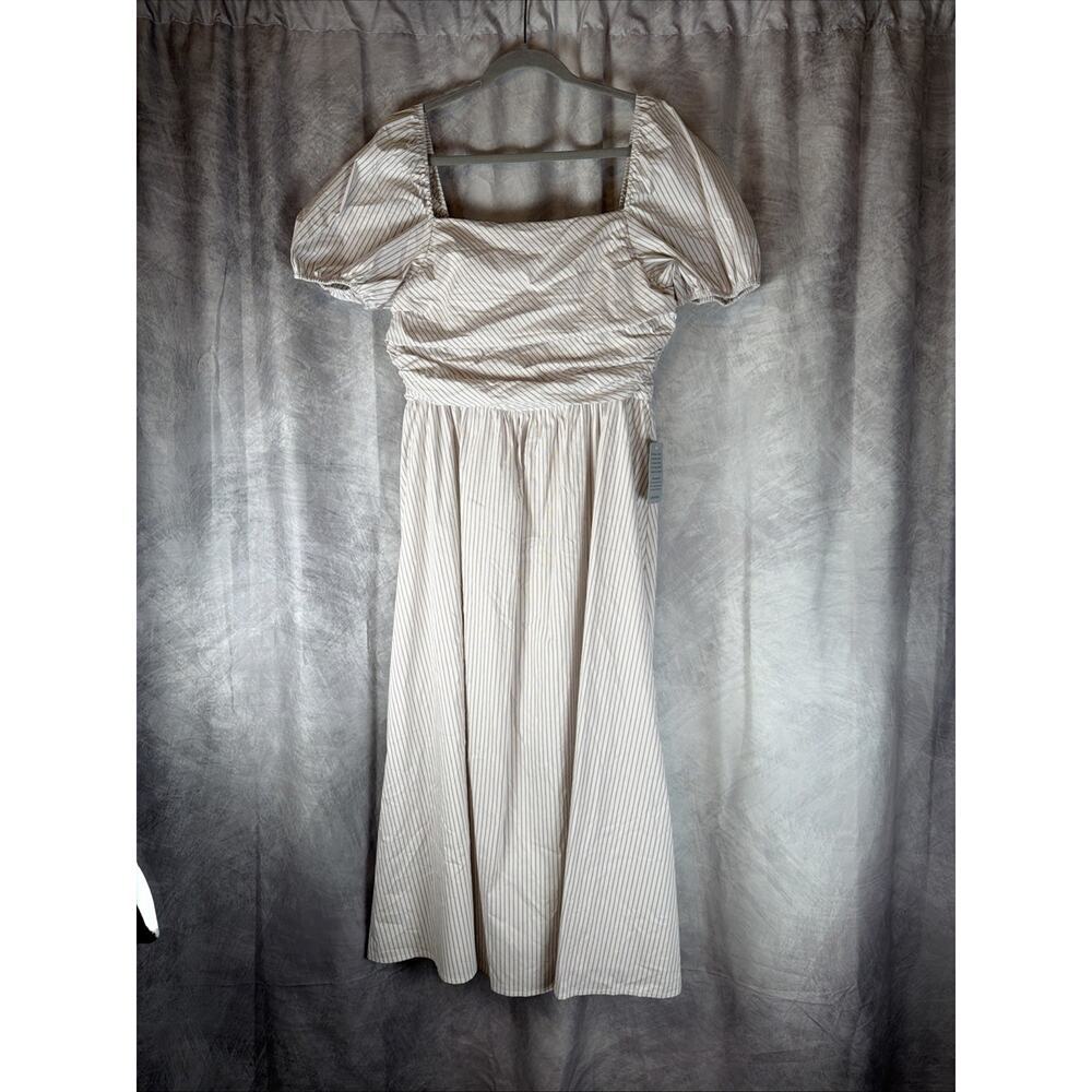 Charles Henry Women’s Ruched Striped Midi Dress Puff Sleeve Square Neck Size L - Picture 2 of 8